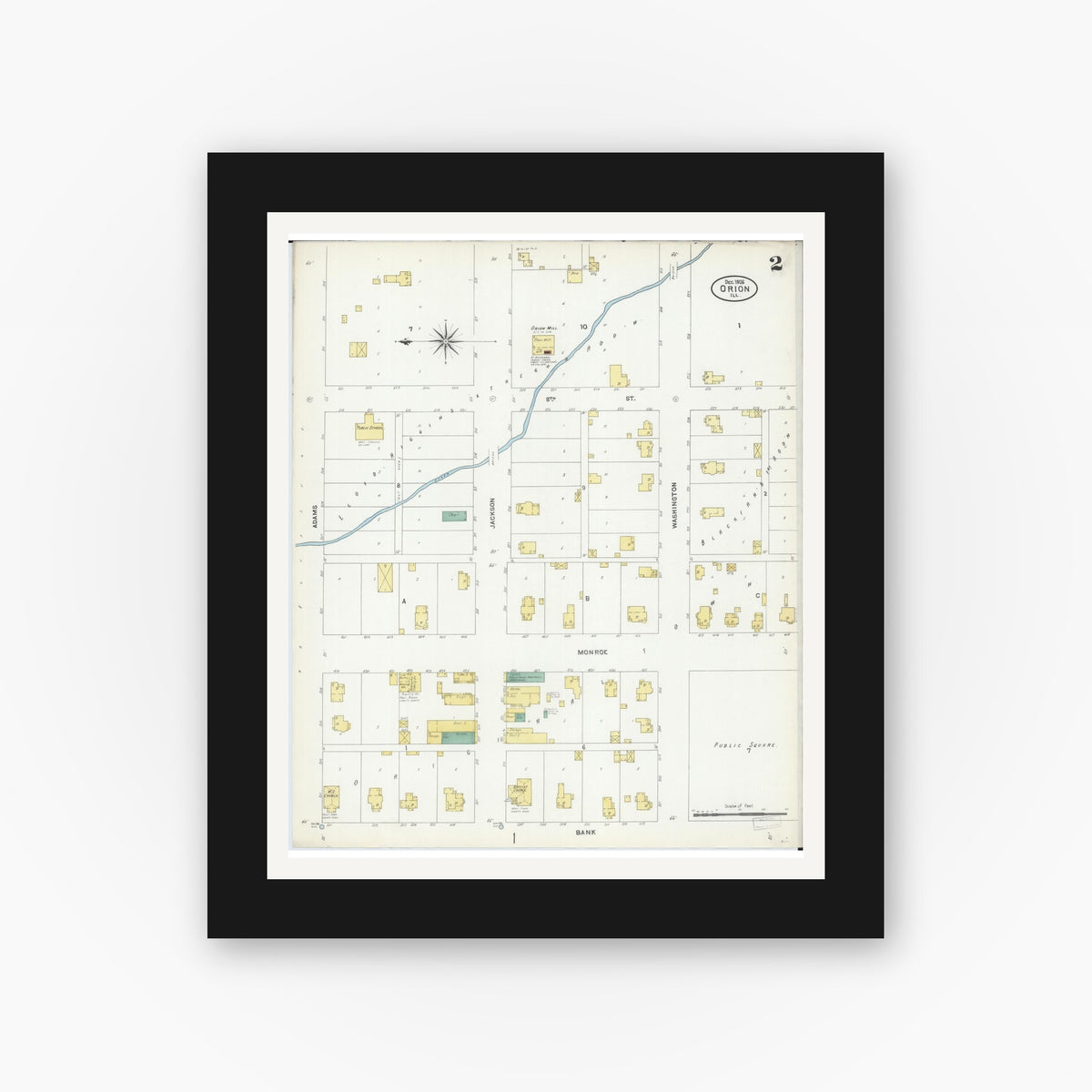 Old map wall art mockup — black gallery frame with white mat — Sanborn Fire Insurance Map from Orion, Henry County, Illinois (1906), Sheet #0002