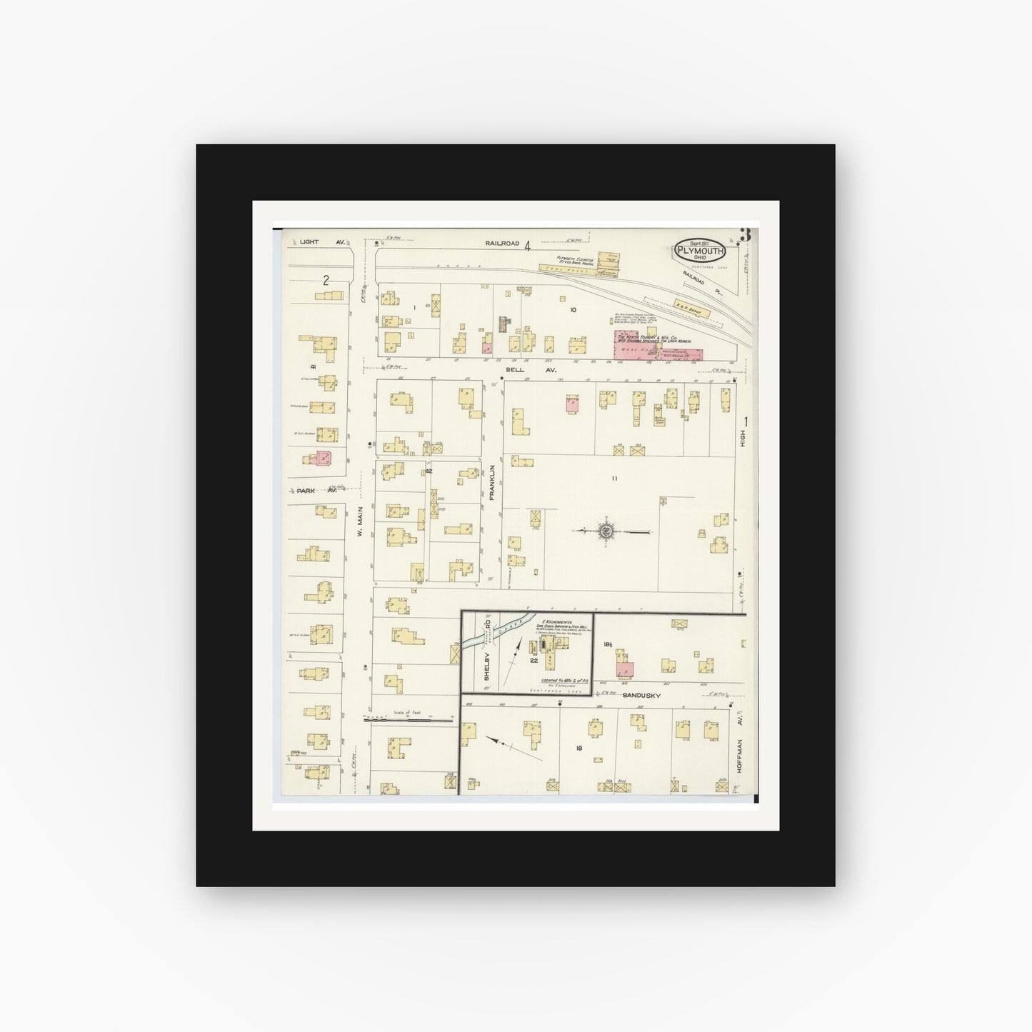Old map wall art mockup — black gallery frame with white mat — Sanborn Fire Insurance Map from Plymouth, Huron And Richland Counties, Ohio (1911), Sheet #0003