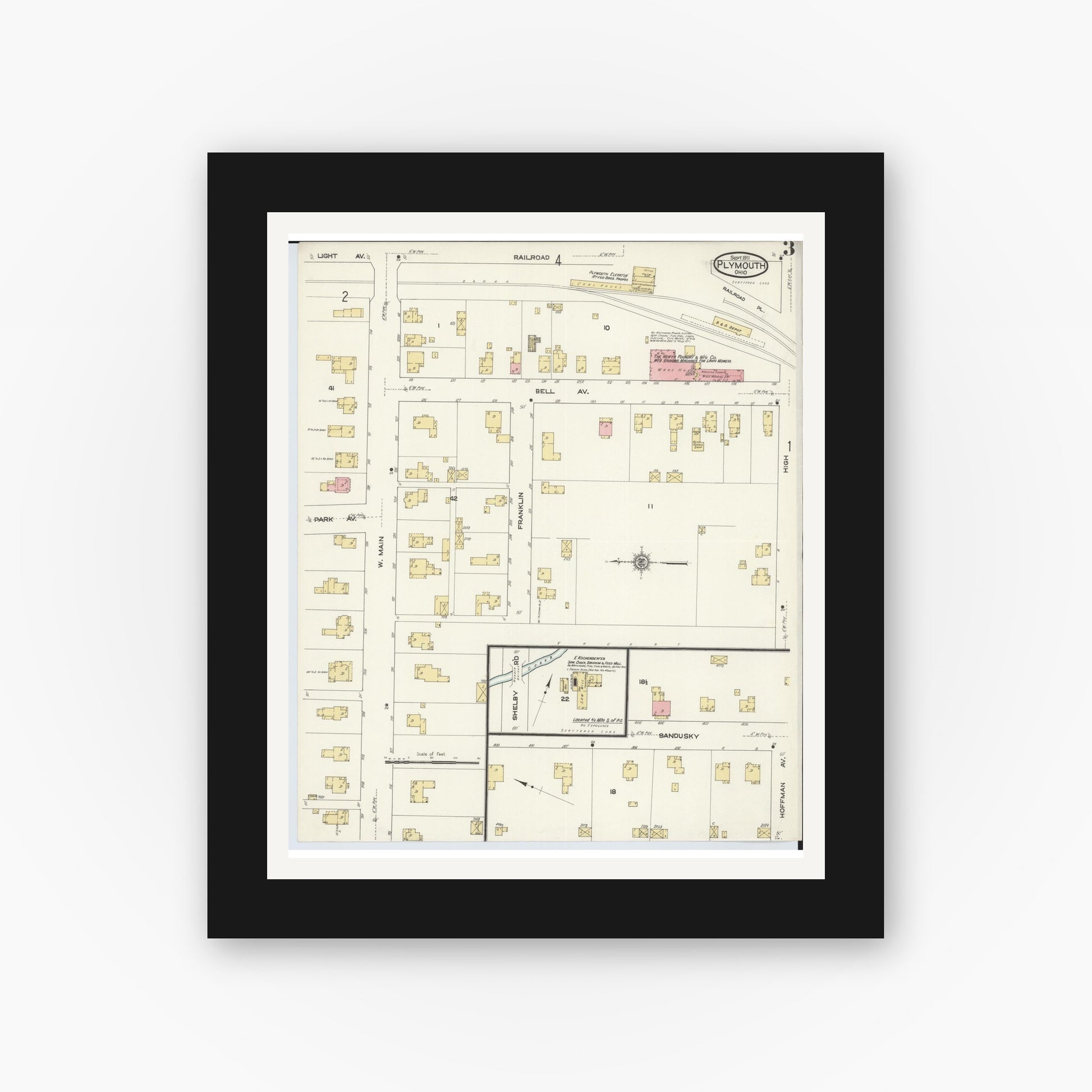 Old map wall art mockup — black gallery frame with white mat — Sanborn Fire Insurance Map from Plymouth, Huron And Richland Counties, Ohio (1911), Sheet #0003
