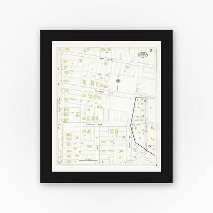 Old map wall art mockup — black gallery frame with white mat — Sanborn Fire Insurance Map from Patchogue, Suffolk County, New York (1910), Sheet #0005