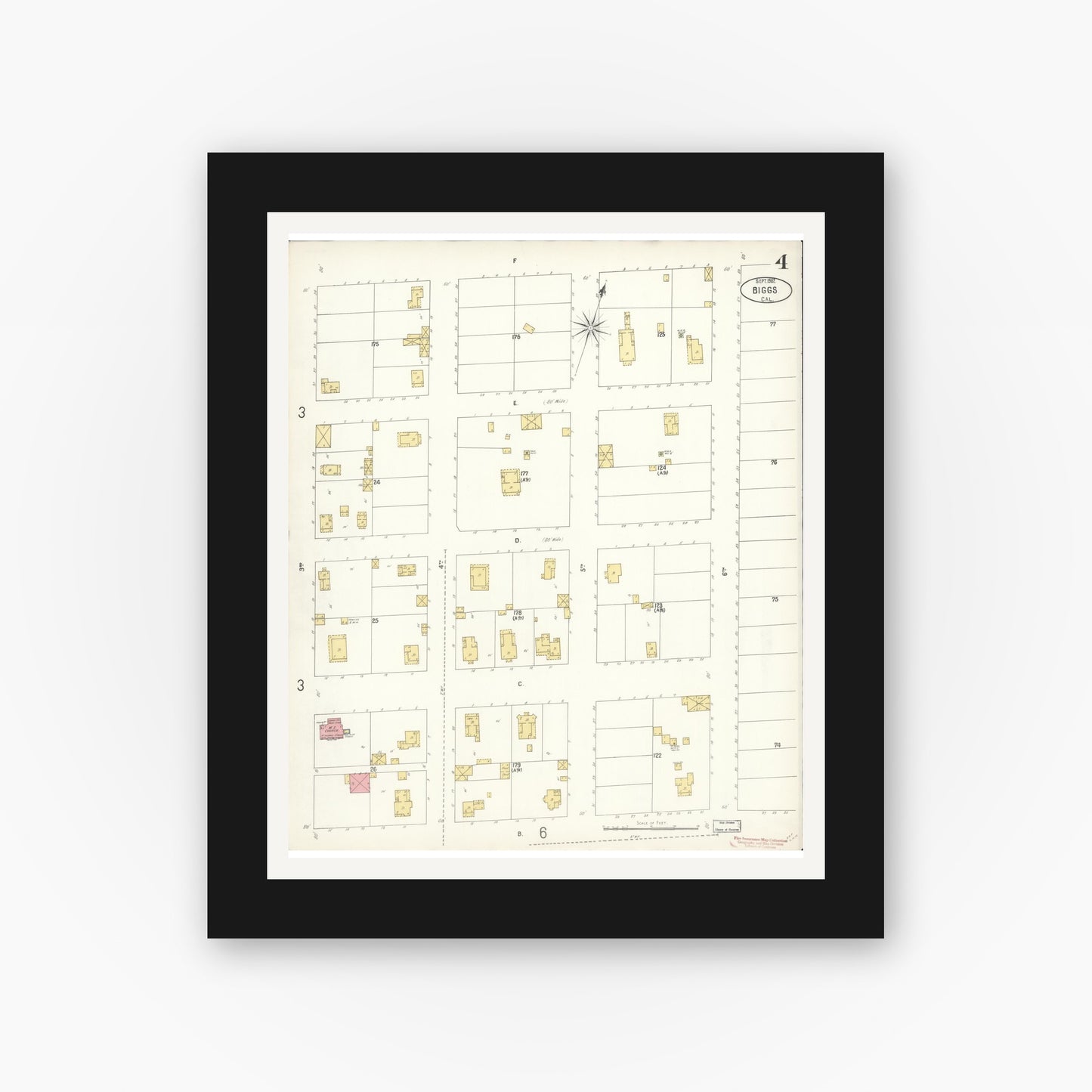 Old map wall art mockup — black gallery frame with white mat — Sanborn Fire Insurance Map from Biggs, Butte County, California (1902), Sheet #0004