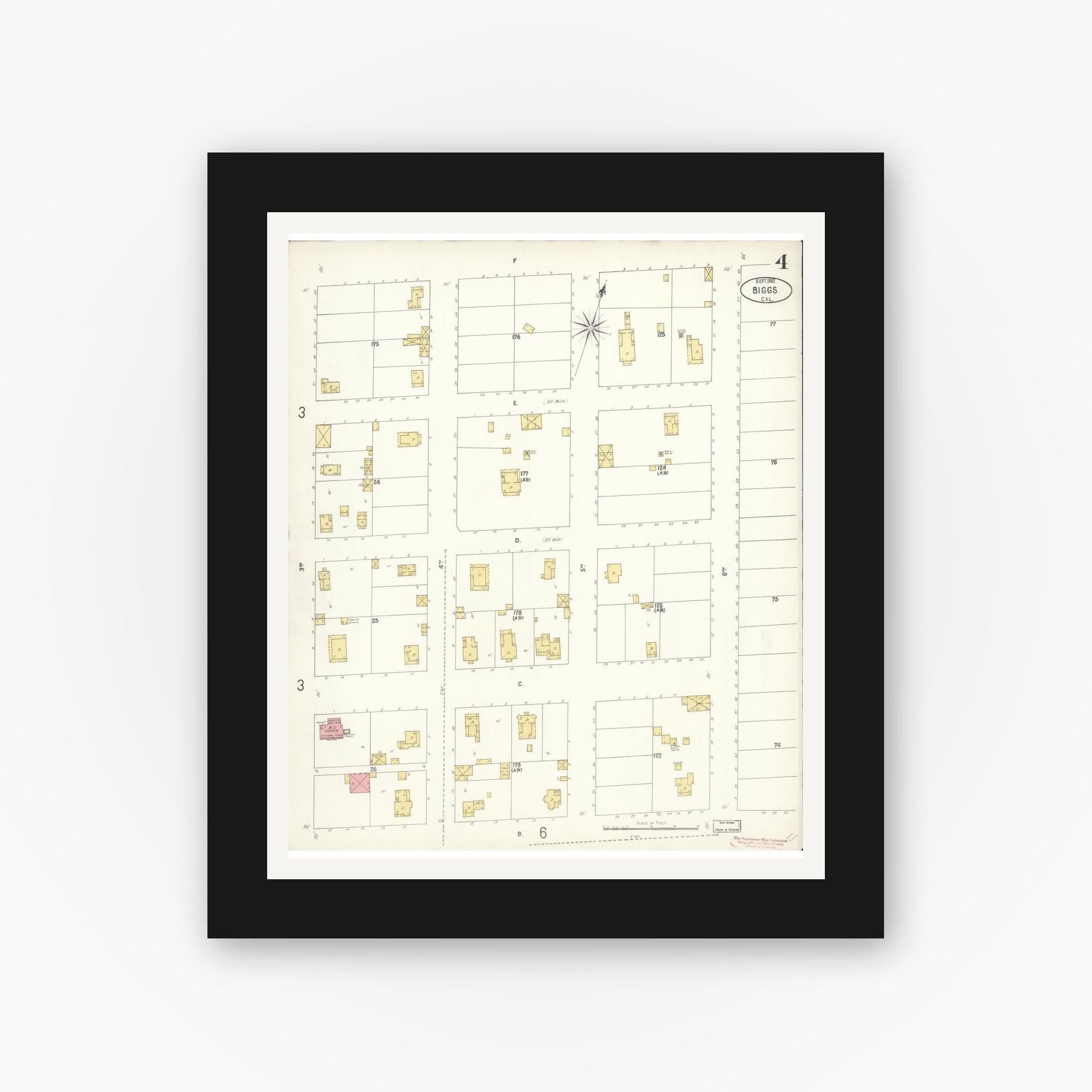Old map wall art mockup — black gallery frame with white mat — Sanborn Fire Insurance Map from Biggs, Butte County, California (1902), Sheet #0004