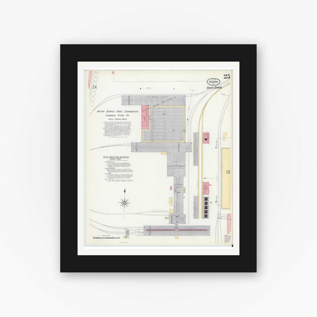 Old map wall art mockup — black gallery frame with white mat — Sanborn Fire Insurance Map from Sharon, Mercer County, Pennsylvania (1908), Sheet #0025