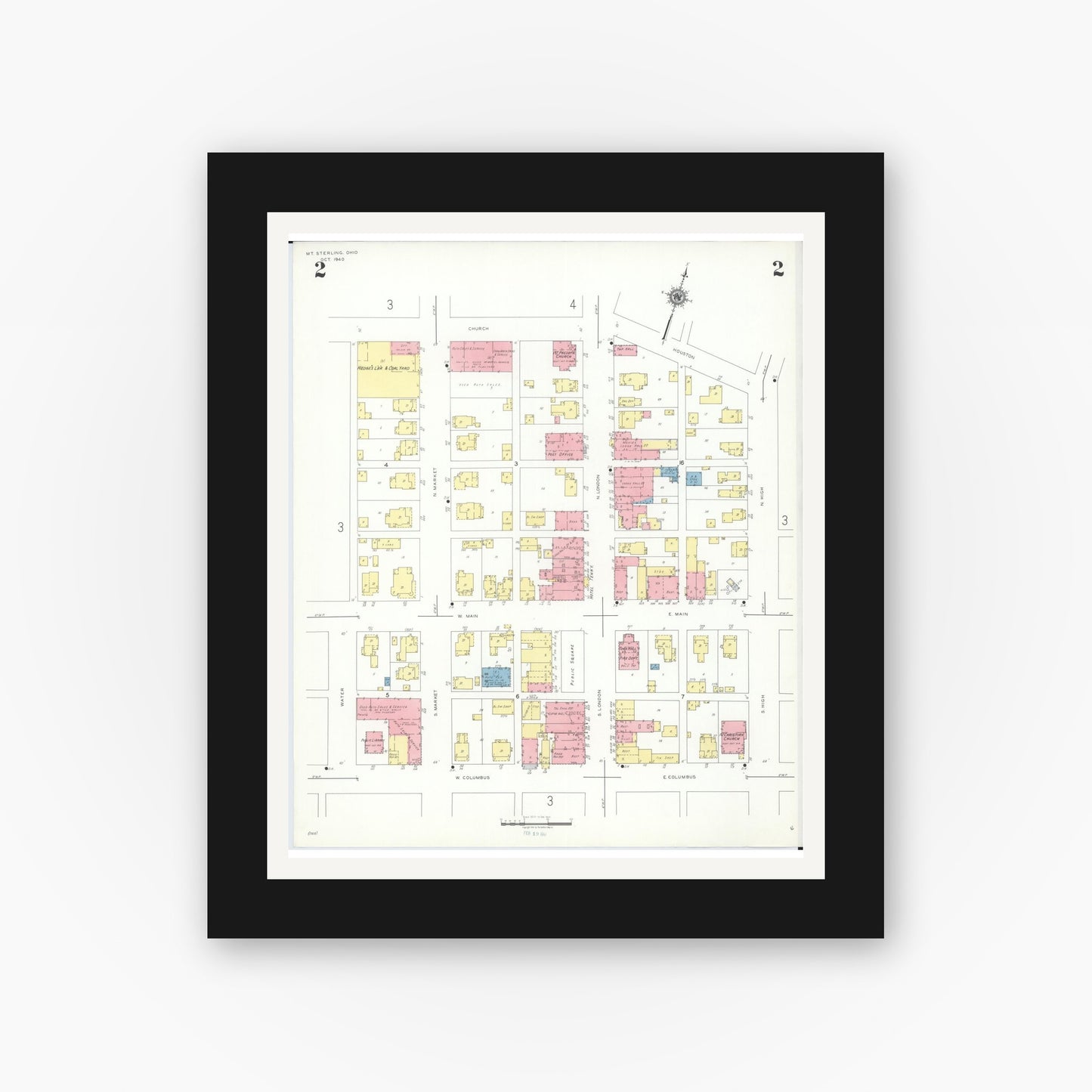Old map wall art mockup — black gallery frame with white mat — Sanborn Fire Insurance Map from Mount Sterling, Madison County, Ohio (1940), Sheet #0002