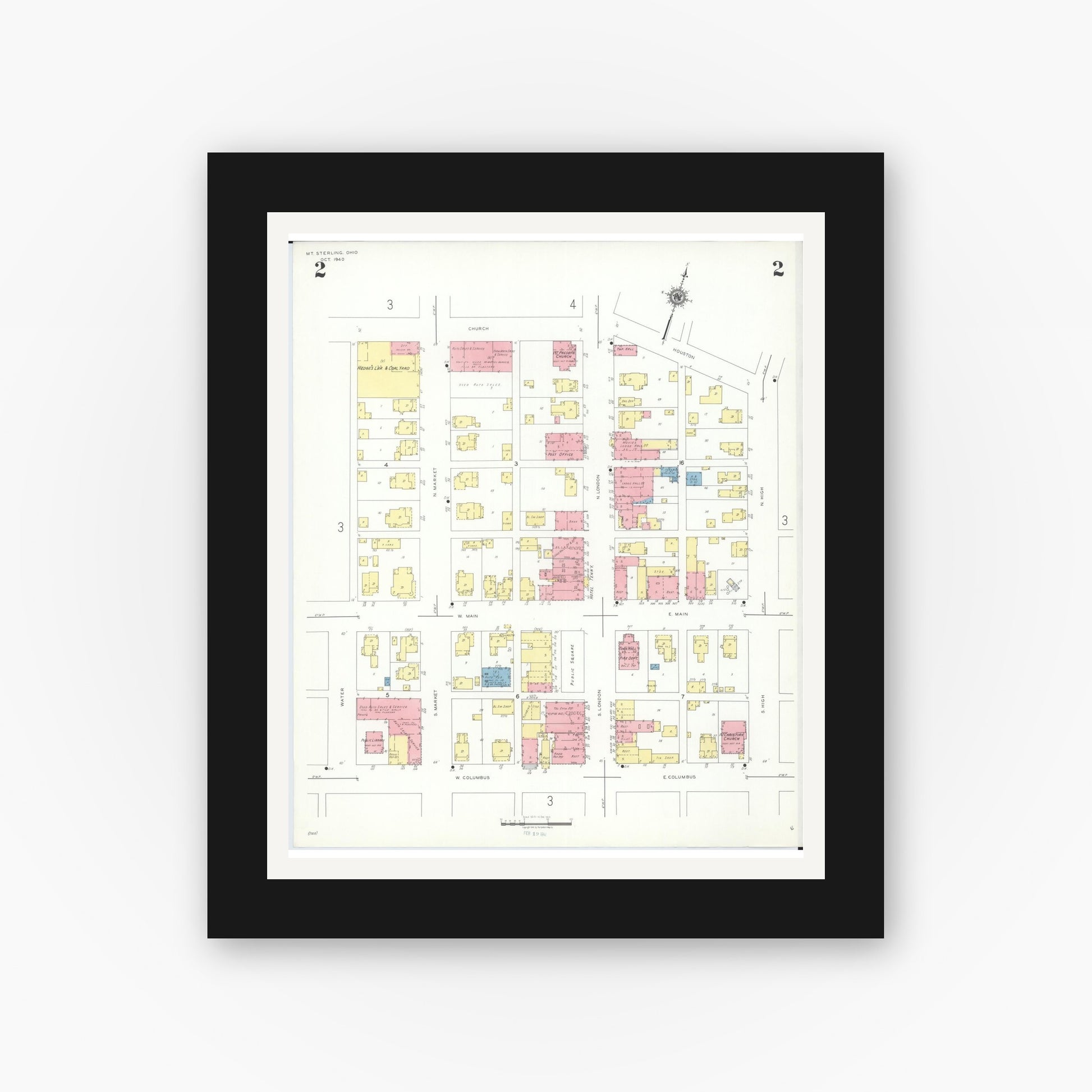 Old map wall art mockup — black gallery frame with white mat — Sanborn Fire Insurance Map from Mount Sterling, Madison County, Ohio (1940), Sheet #0002