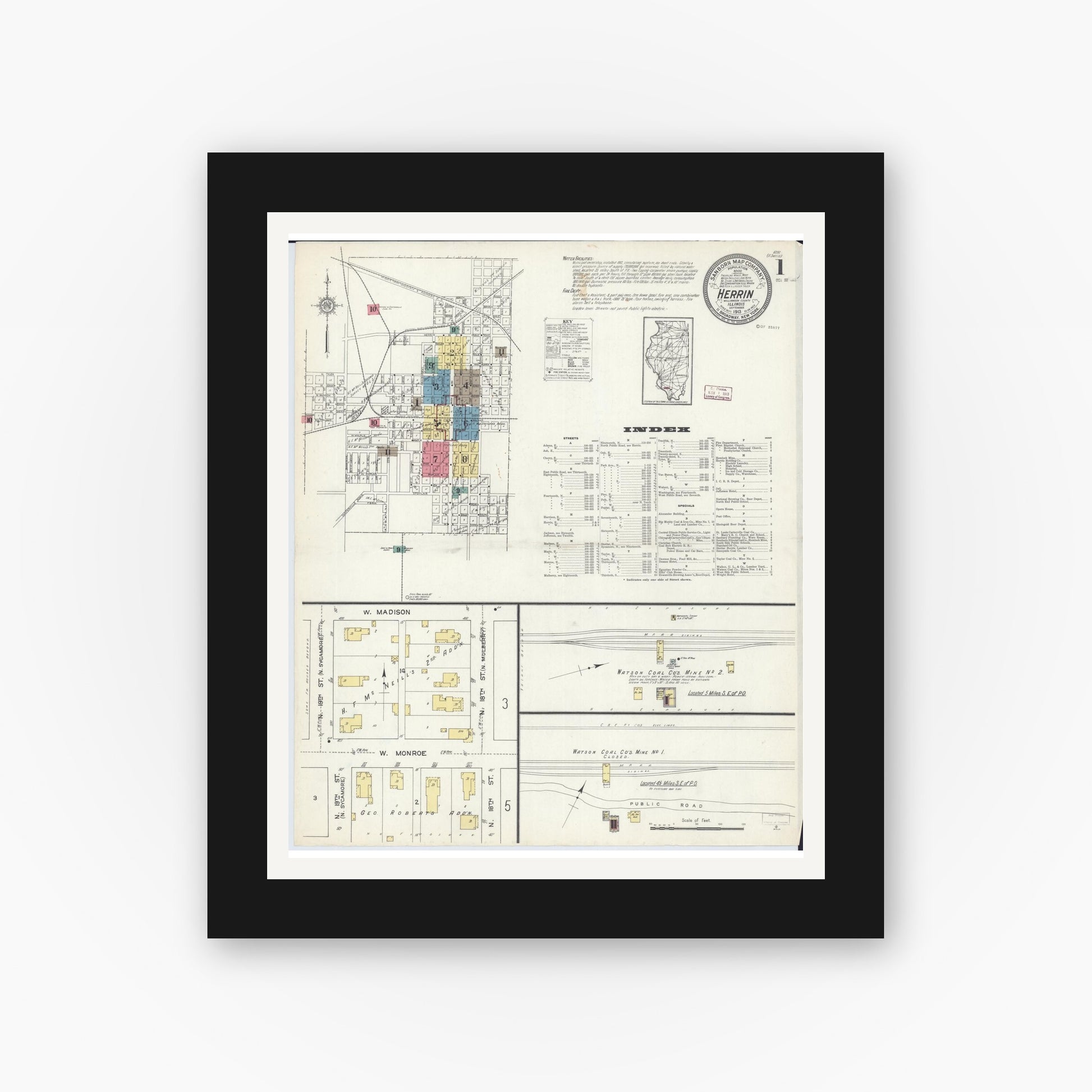 Old map wall art mockup — black gallery frame with white mat — Sanborn Fire Insurance Map from Herrin, Williamson County, Illinois (1913), Sheet #0001