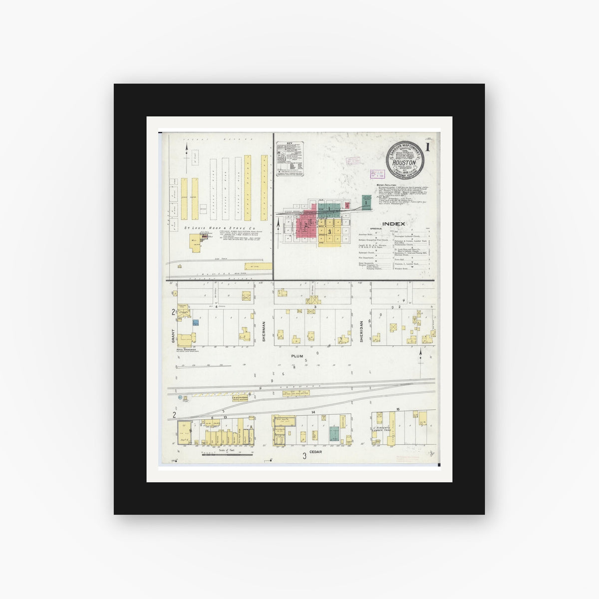 Old map wall art mockup — black gallery frame with white mat — Sanborn Fire Insurance Map from Houston, Houston County, Minnesota (1909) - Complete Map Set