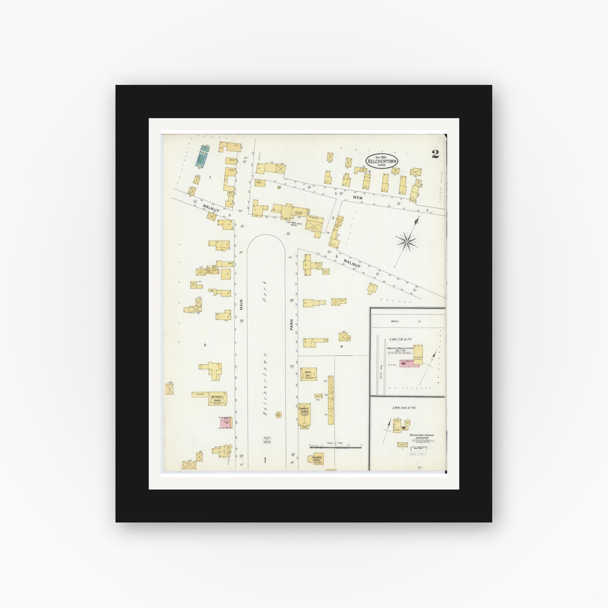 Old map wall art mockup — black gallery frame with white mat — Sanborn Fire Insurance Map from Belchertown, Hampshire County, Massachusetts (1905), Sheet #0002