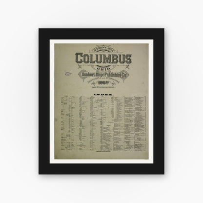 Old map wall art mockup — black gallery frame with white mat — Sanborn Fire Insurance Map from Columbus, Franklin County, Ohio (1887), Sheet #0001