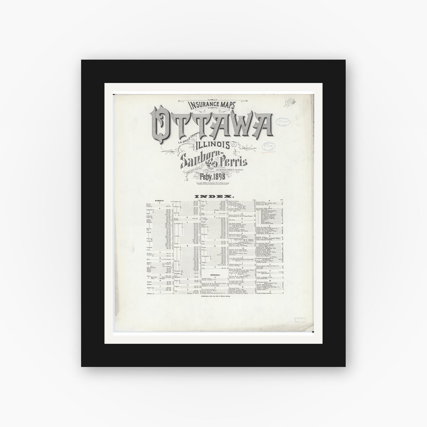 Old map wall art mockup — black gallery frame with white mat — Sanborn Fire Insurance Map from Ottawa, La Salle County, Illinois (1898), Sheet #0001