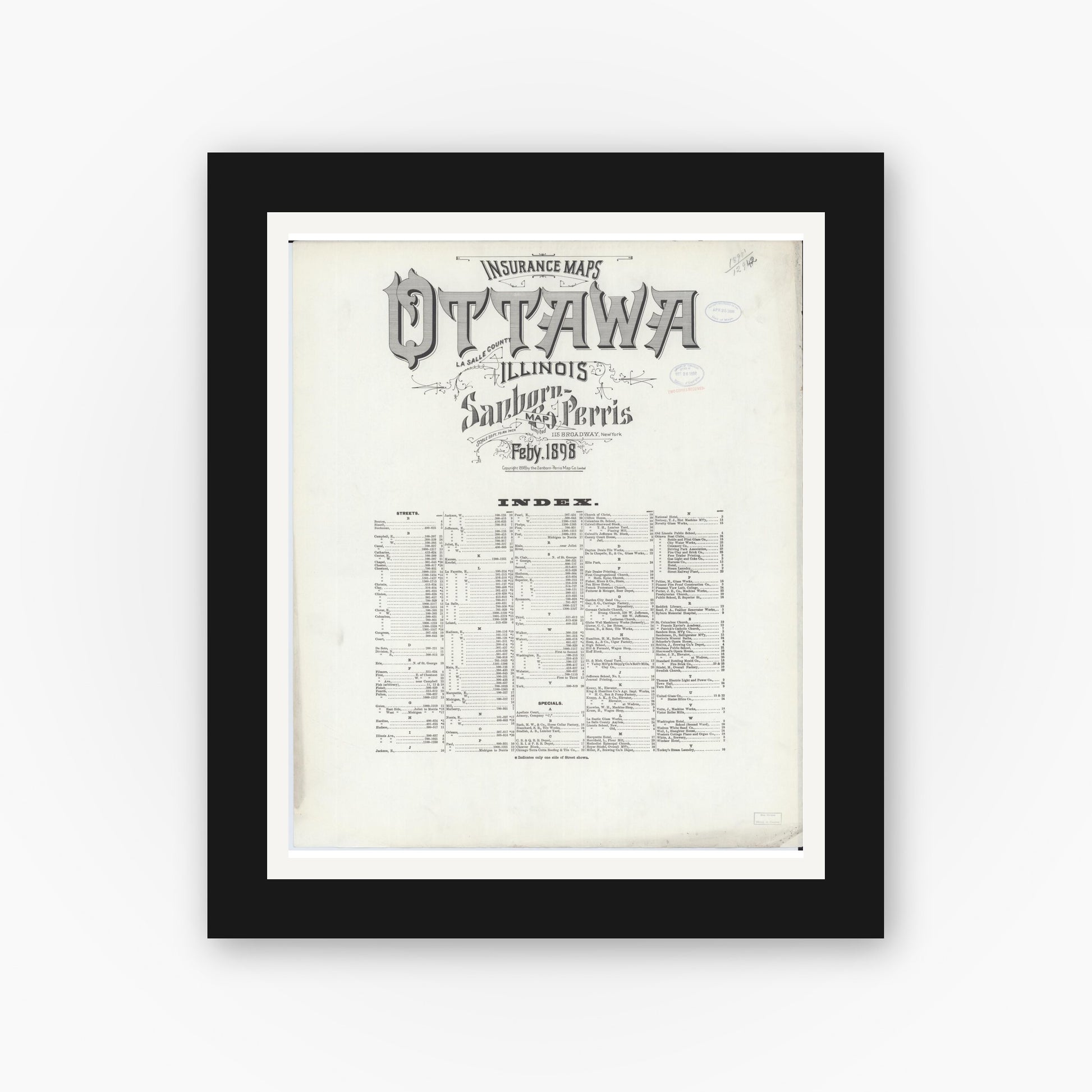 Old map wall art mockup — black gallery frame with white mat — Sanborn Fire Insurance Map from Ottawa, La Salle County, Illinois (1898), Sheet #0001