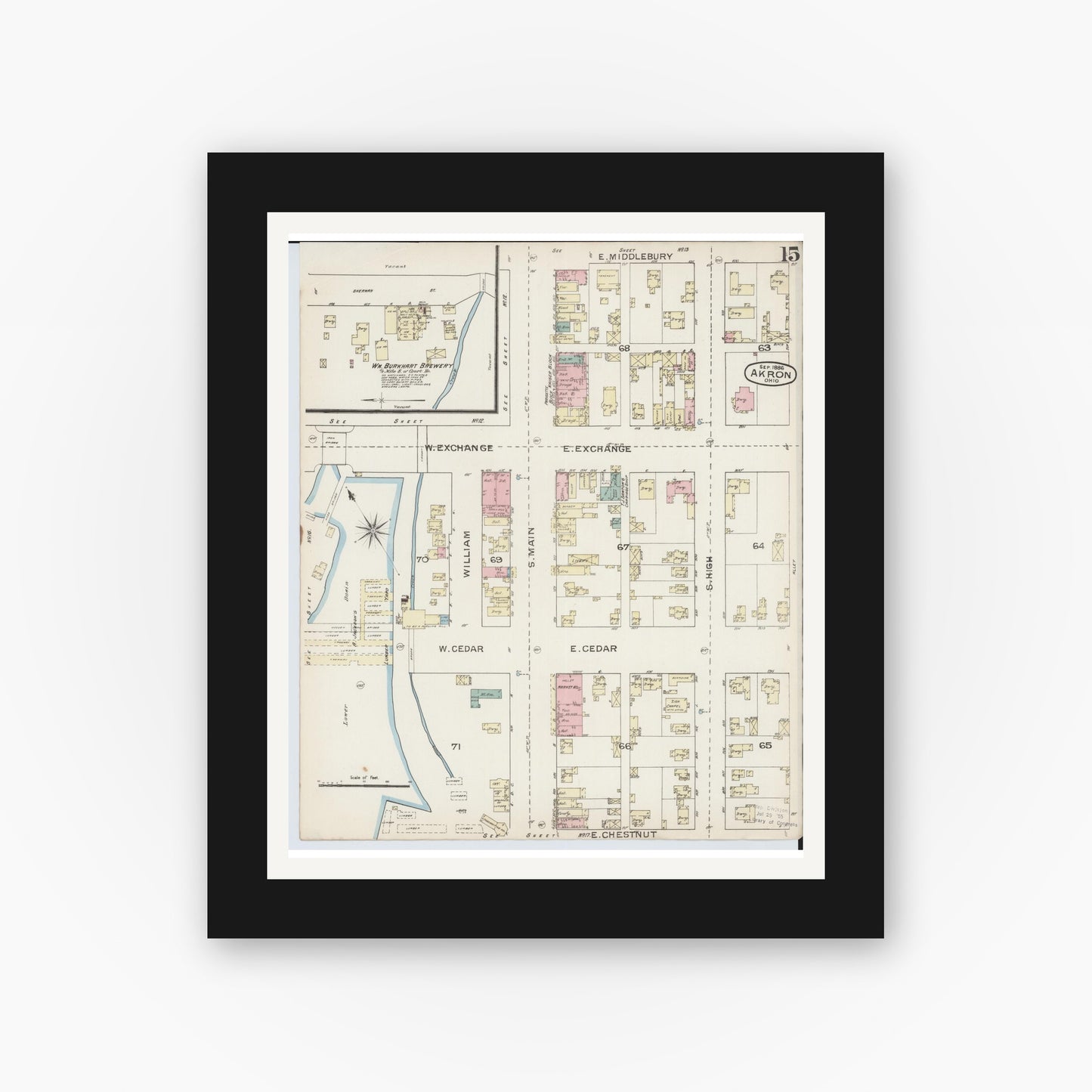 Old map wall art mockup — black gallery frame with white mat — Sanborn Fire Insurance Map from Akron, Summit County, Ohio (1886), Sheet #0015