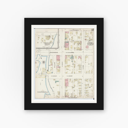 Old map wall art mockup — black gallery frame with white mat — Sanborn Fire Insurance Map from Akron, Summit County, Ohio (1886), Sheet #0015
