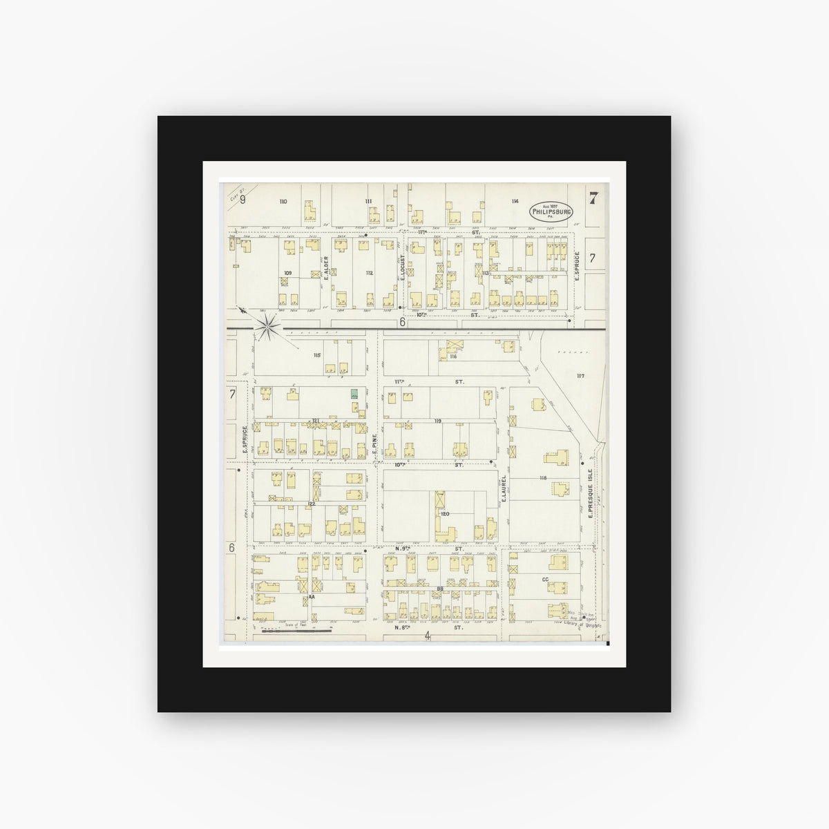 Old map wall art mockup — black gallery frame with white mat — Sanborn Fire Insurance Map from Philipsburg, Centre County, Pennsylvania (1897), Sheet #0007