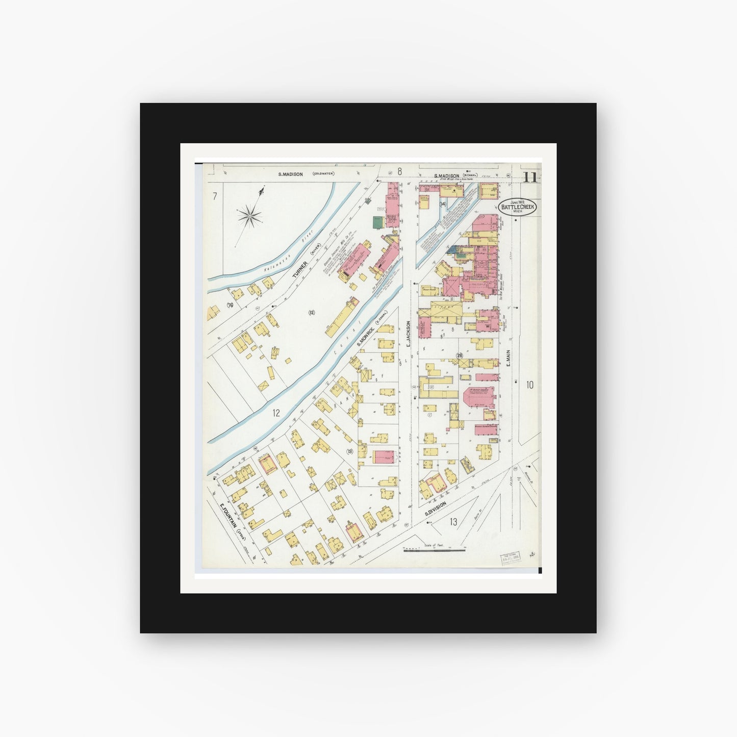 Old map wall art mockup — black gallery frame with white mat — Sanborn Fire Insurance Map from Battle Creek, Calhoun County, Michigan (1902), Sheet #0011