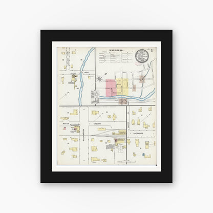 Old map wall art mockup — black gallery frame with white mat — Sanborn Fire Insurance Map from Greene, Chenango County, New York (1892) - Complete Map Set