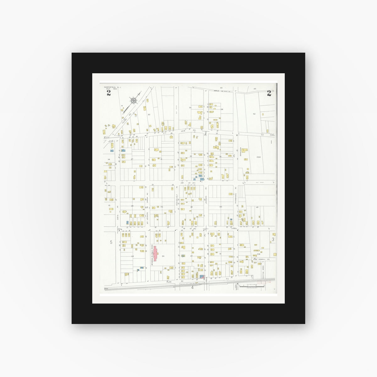 Old map wall art mockup — black gallery frame with white mat — Sanborn Fire Insurance Map from Northfield, Atlantic County, New Jersey (1933), Sheet #0002
