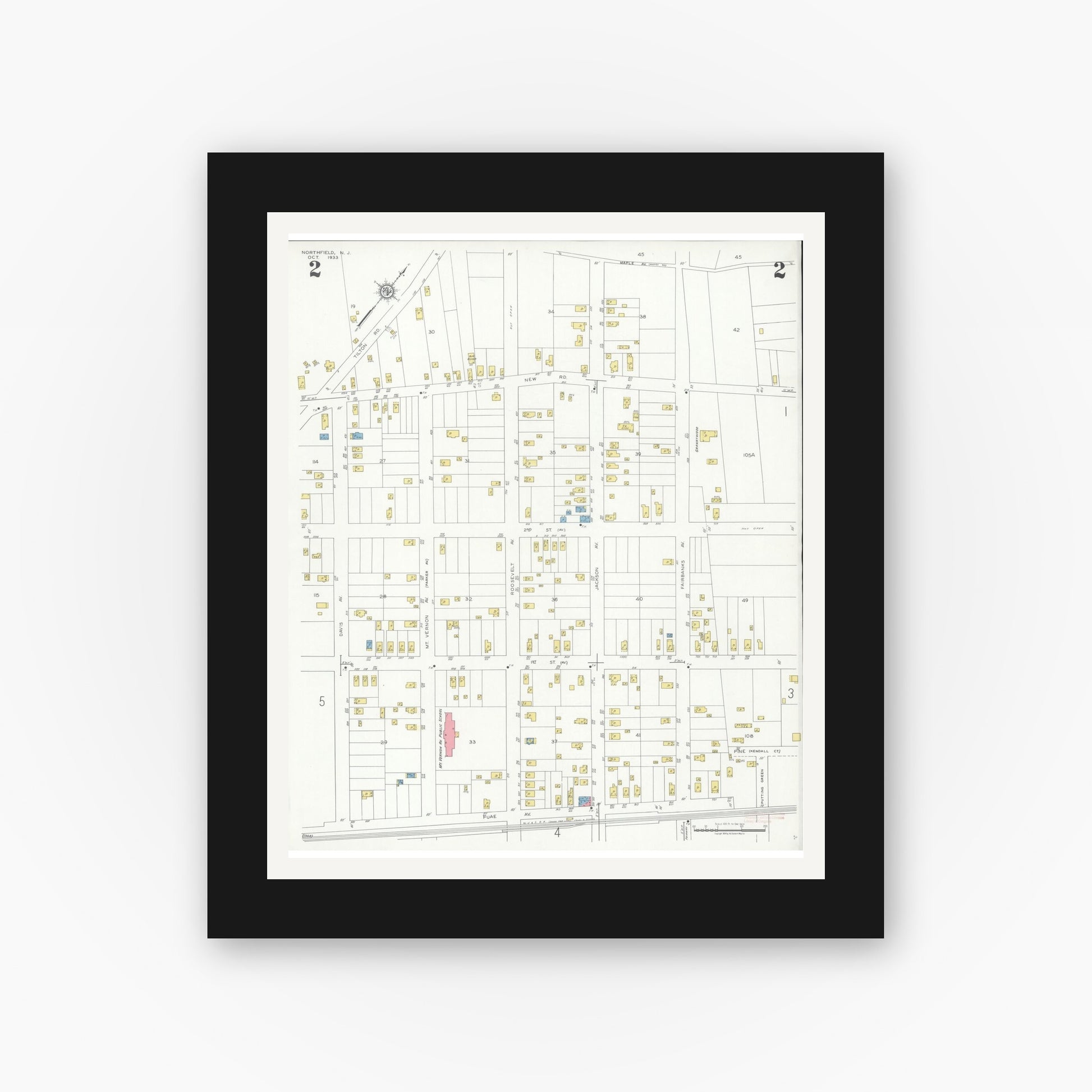Old map wall art mockup — black gallery frame with white mat — Sanborn Fire Insurance Map from Northfield, Atlantic County, New Jersey (1933), Sheet #0002