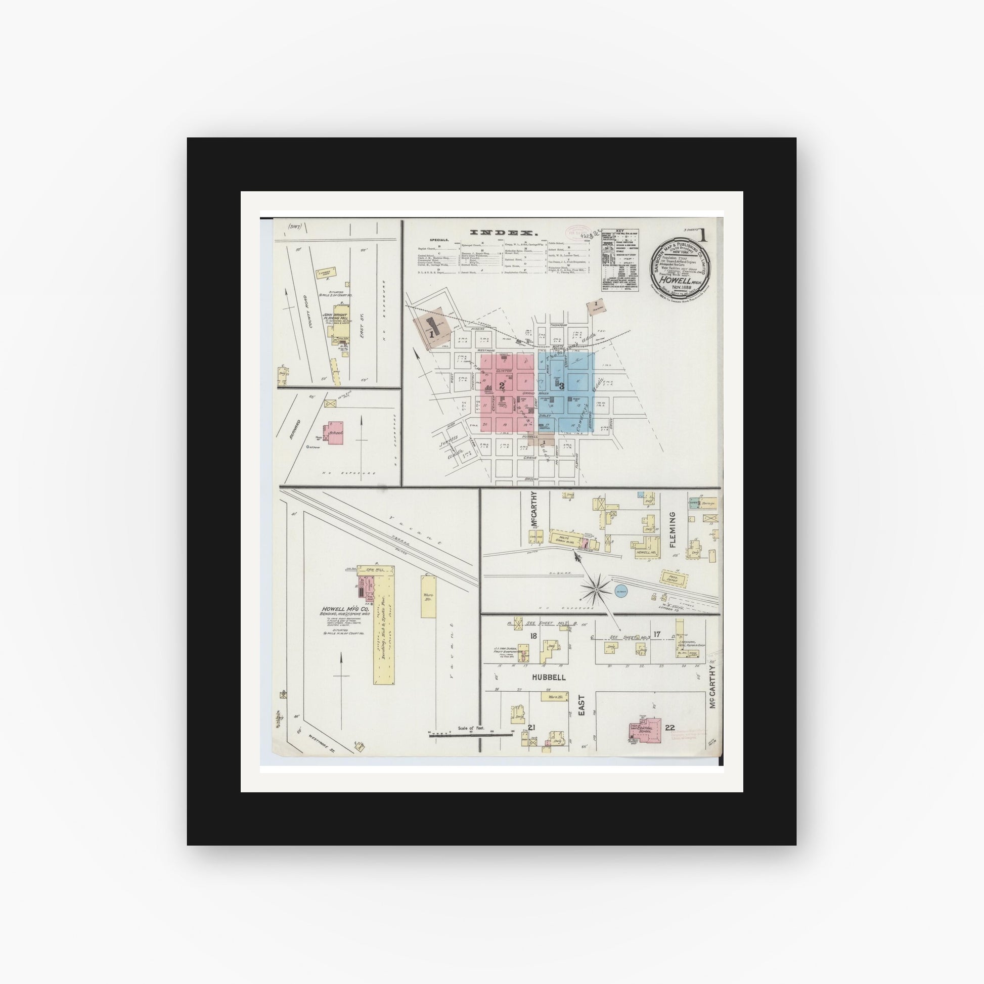 Old map wall art mockup — black gallery frame with white mat — Sanborn Fire Insurance Map from Howell, Livingston County, Michigan (1888), Sheet #0001