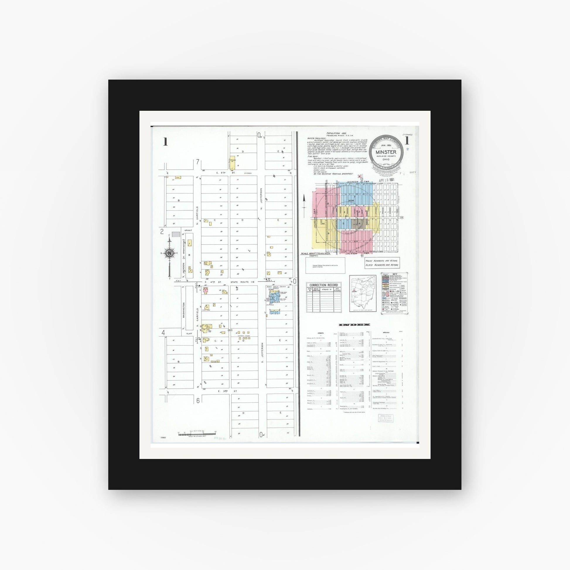 Old map wall art mockup — black gallery frame with white mat — Sanborn Fire Insurance Map from Minster, Auglaize County, Ohio (1951) - Complete Map Set