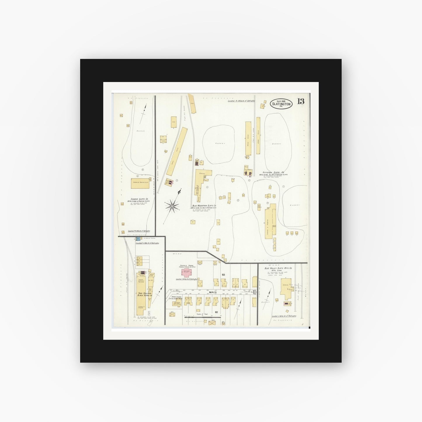 Old map wall art mockup — black gallery frame with white mat — Sanborn Fire Insurance Map from Slatington, Lehigh County, Pennsylvania (1908), Sheet #0013