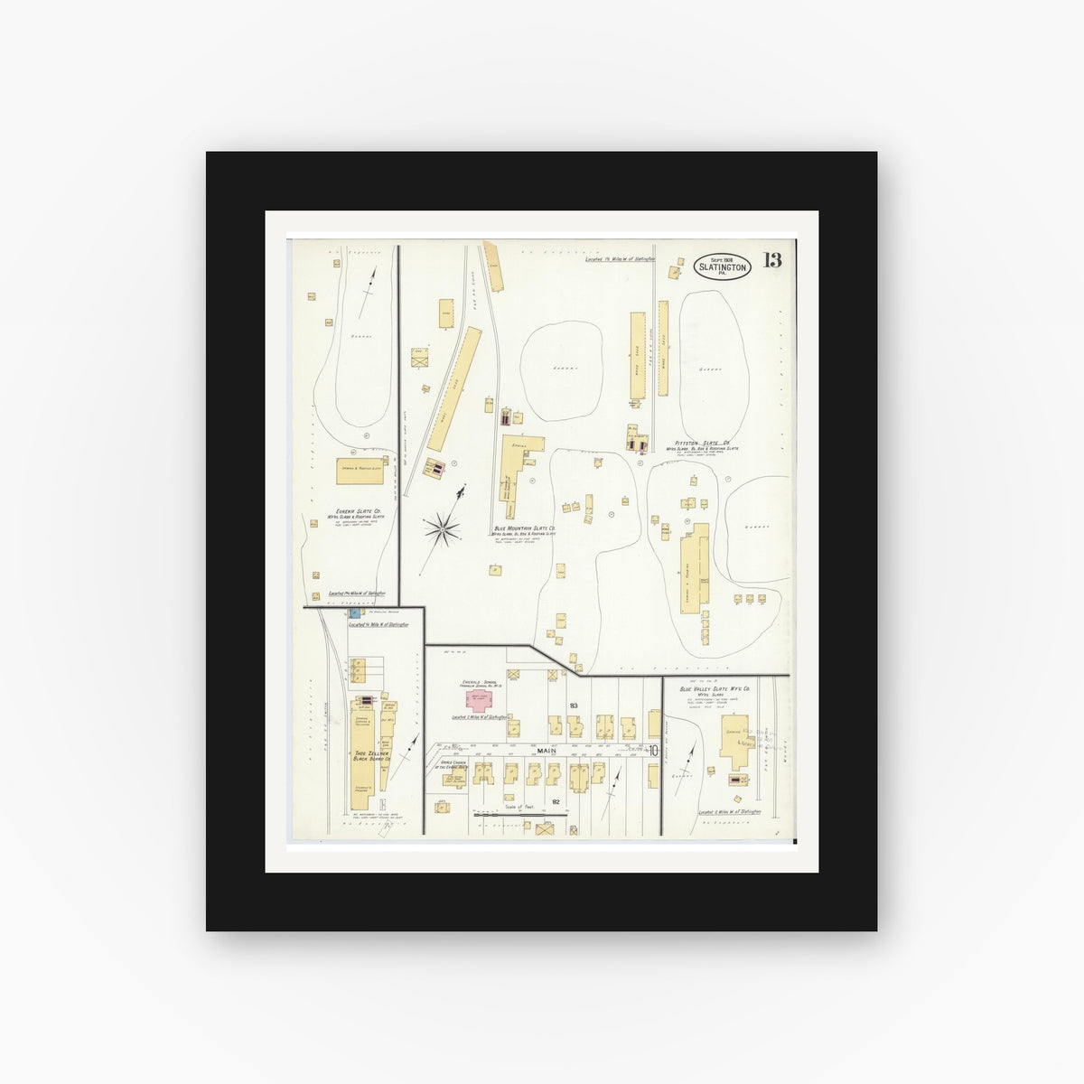 Old map wall art mockup — black gallery frame with white mat — Sanborn Fire Insurance Map from Slatington, Lehigh County, Pennsylvania (1908), Sheet #0013