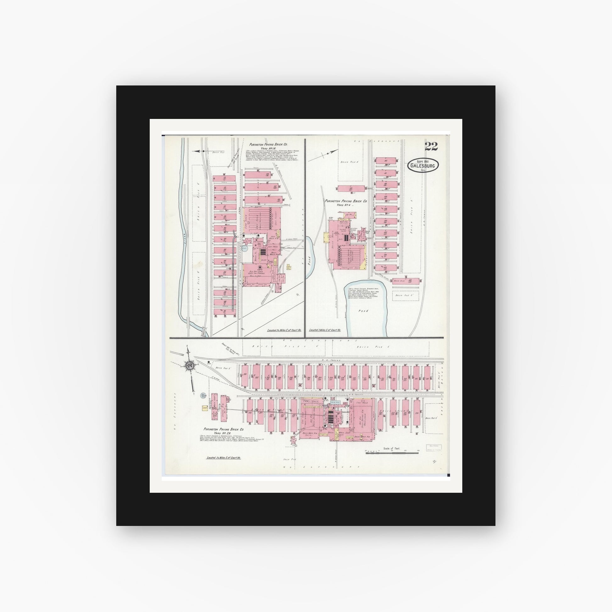 Old map wall art mockup — black gallery frame with white mat — Sanborn Fire Insurance Map from Galesburg, Knox County, Illinois (1911), Sheet #0022