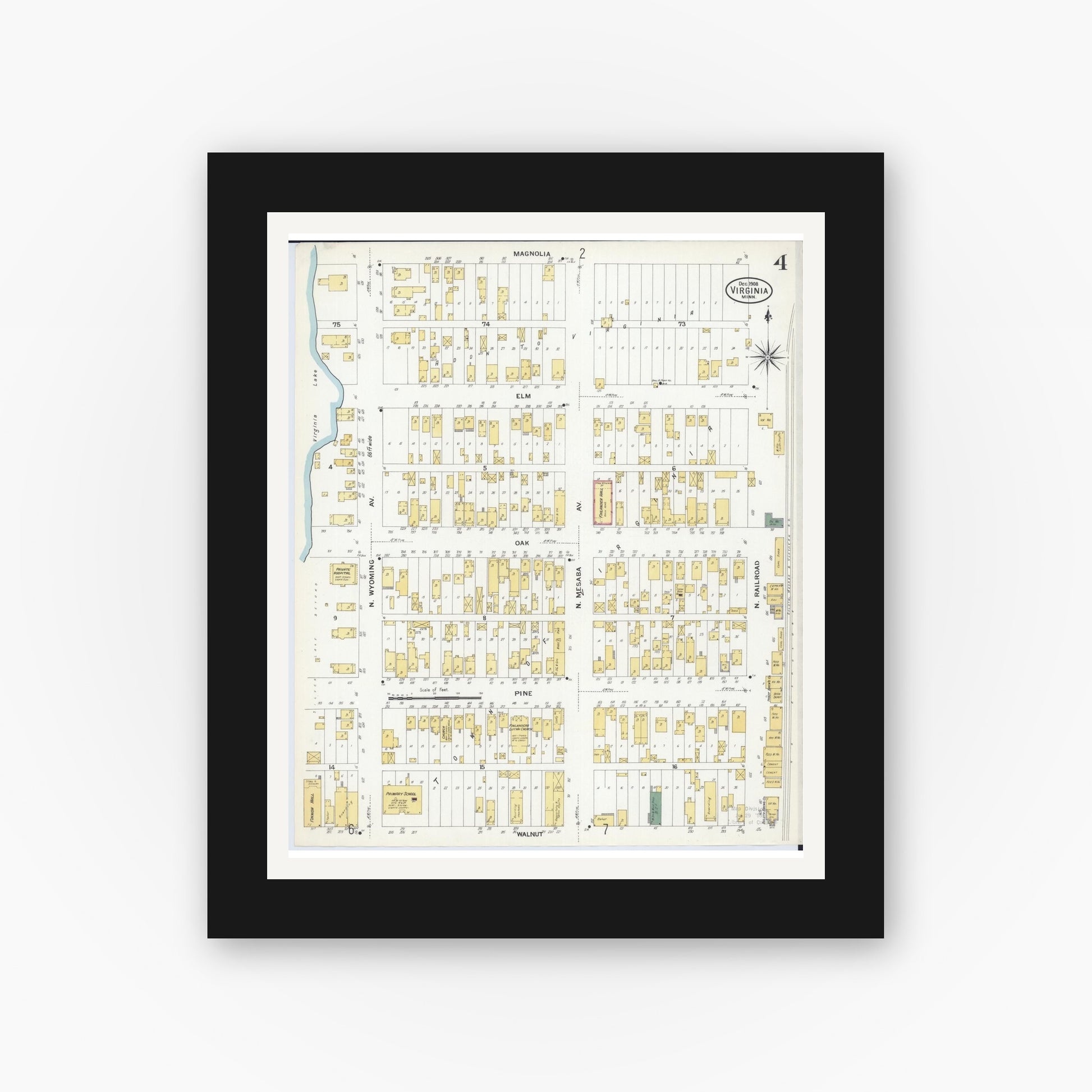 Old map wall art mockup — black gallery frame with white mat — Sanborn Fire Insurance Map from Virginia, Saint Louis County, Minnesota (1908), Sheet #0004