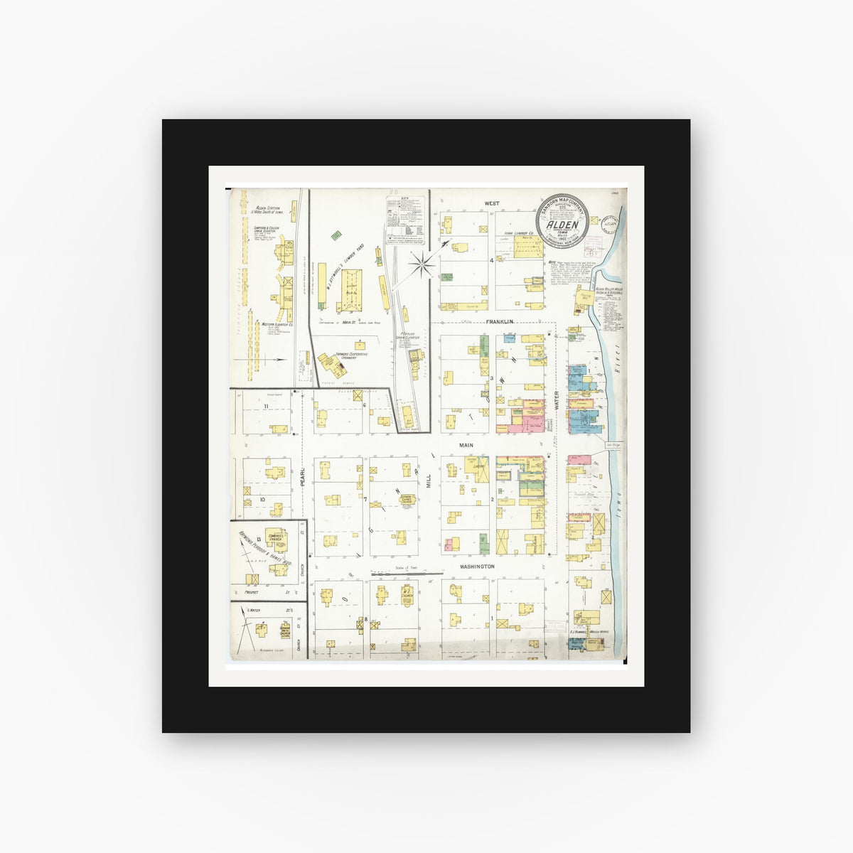 Old map wall art mockup — black gallery frame with white mat — Sanborn Fire Insurance Map from Alden, Hardin County, Iowa (1902), Sheet #0001