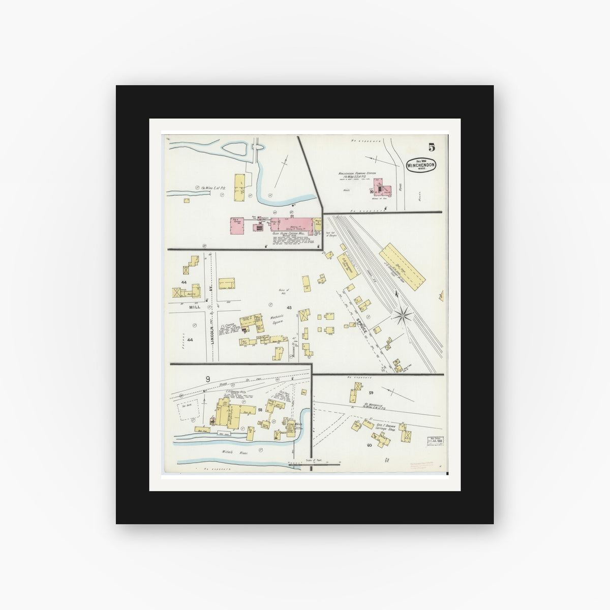 Old map wall art mockup — black gallery frame with white mat — Sanborn Fire Insurance Map from Winchendon, Worcester County, Massachusetts (1896), Sheet #0005