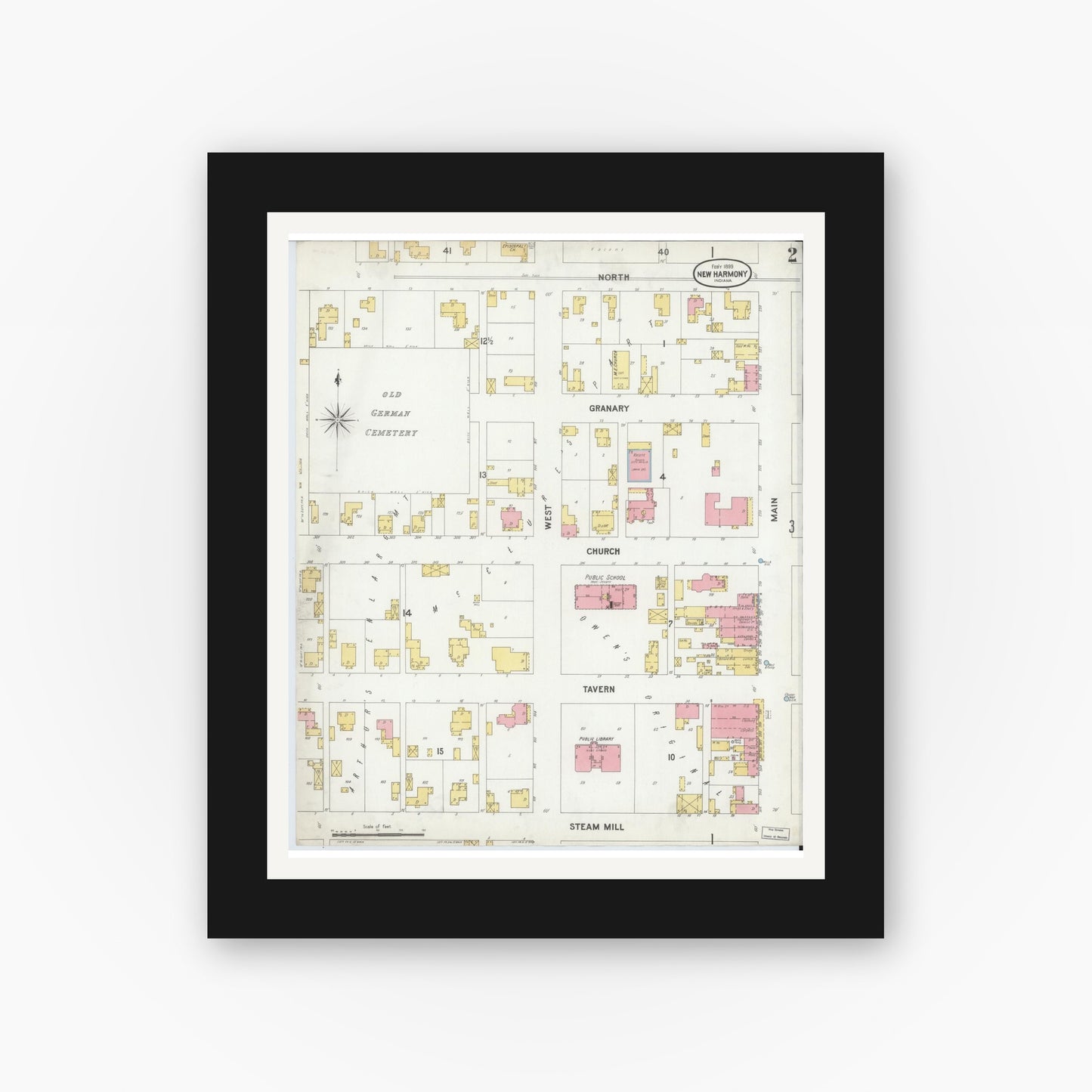 Old map wall art mockup — black gallery frame with white mat — Sanborn Fire Insurance Map from New Harmony, Posey County, Indiana (1899), Sheet #0002