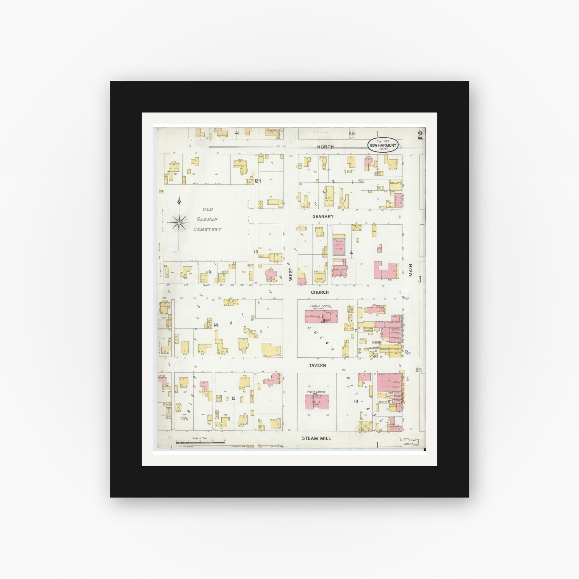 Old map wall art mockup — black gallery frame with white mat — Sanborn Fire Insurance Map from New Harmony, Posey County, Indiana (1899), Sheet #0002