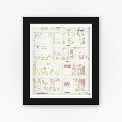 Old map wall art mockup — black gallery frame with white mat — Sanborn Fire Insurance Map from New Harmony, Posey County, Indiana (1899), Sheet #0002