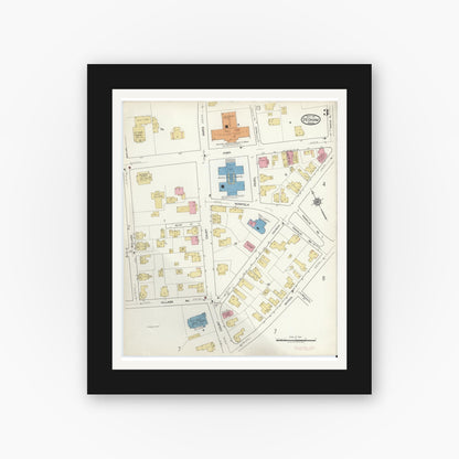Old map wall art mockup — black gallery frame with white mat — Sanborn Fire Insurance Map from Dedham, Norfolk County, Massachusetts (1917), Sheet #0003