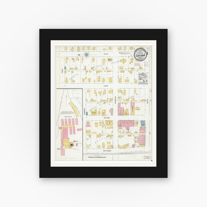 Old map wall art mockup — black gallery frame with white mat — Sanborn Fire Insurance Map from Cayuga, Vermillion County, Indiana (1906), Sheet #0001