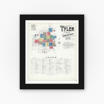 Old map wall art mockup — black gallery frame with white mat — Sanborn Fire Insurance Map from Tyler, Smith County, Texas (1907), Sheet #0001