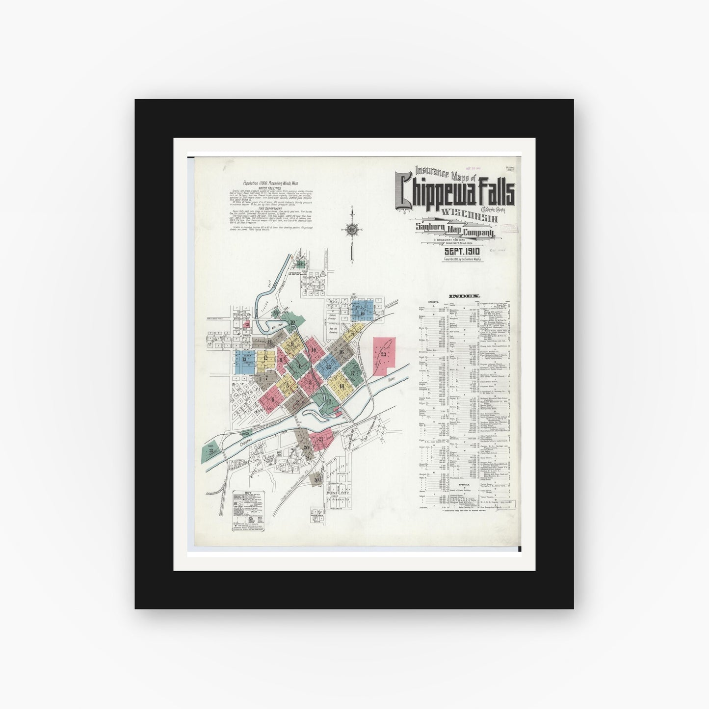 Old map wall art mockup — black gallery frame with white mat — Sanborn Fire Insurance Map from Chippewa Falls, Chippewa County, Wisconsin (1910) - Complete Map Set
