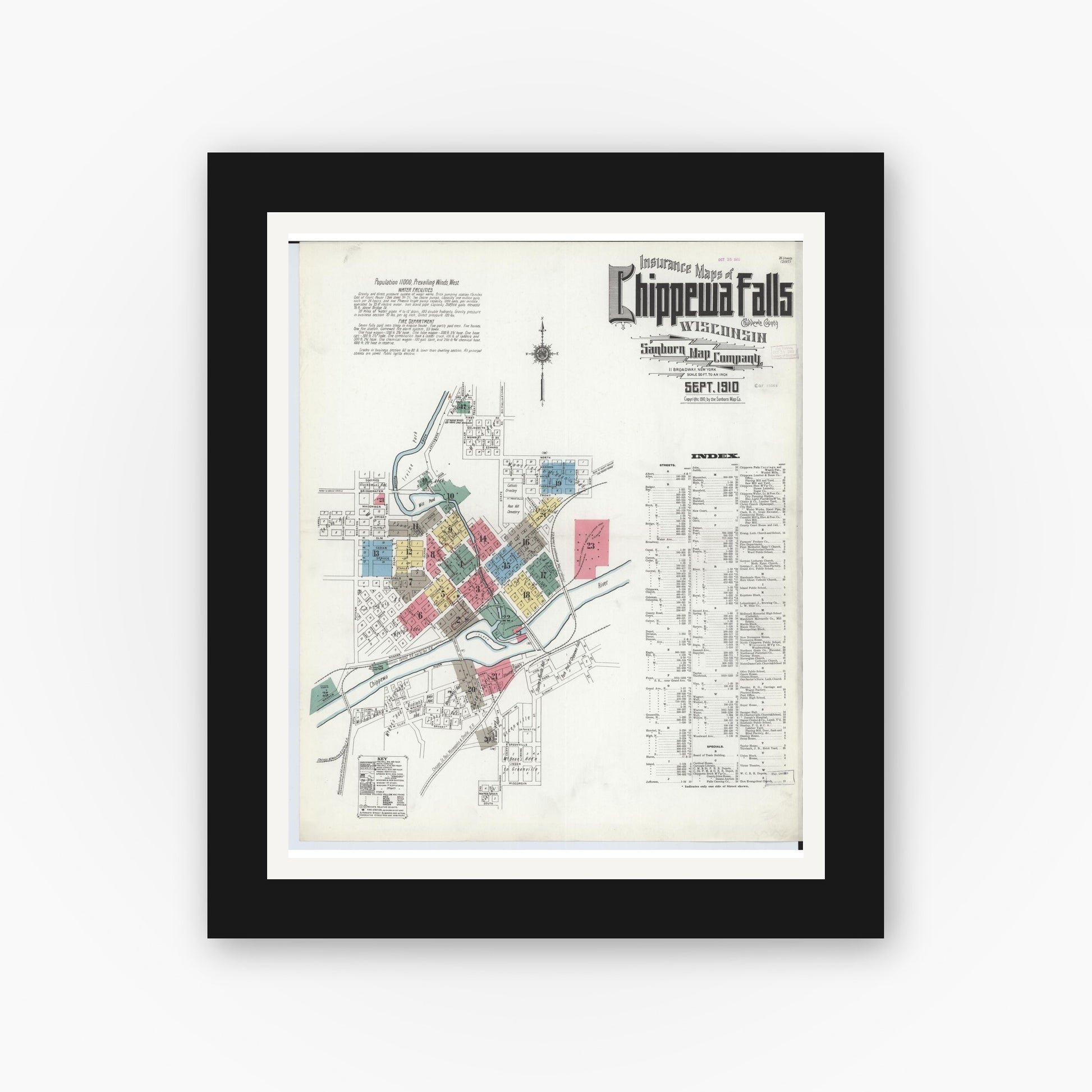 Old map wall art mockup — black gallery frame with white mat — Sanborn Fire Insurance Map from Chippewa Falls, Chippewa County, Wisconsin (1910) - Complete Map Set