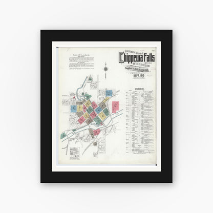 Old map wall art mockup — black gallery frame with white mat — Sanborn Fire Insurance Map from Chippewa Falls, Chippewa County, Wisconsin (1910) - Complete Map Set