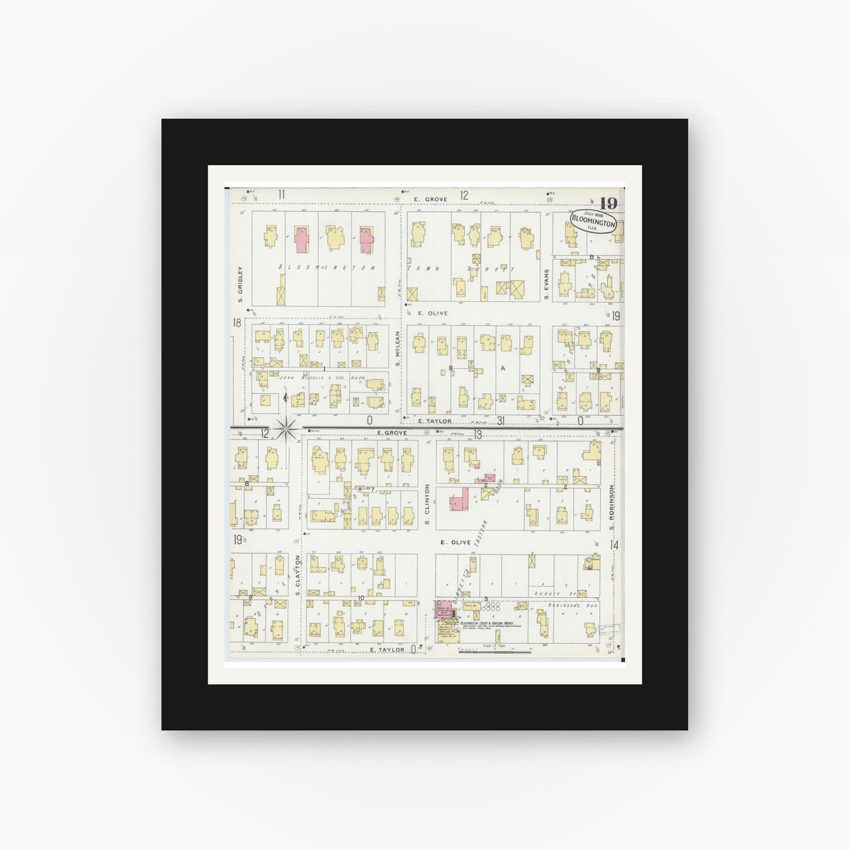 Old map wall art mockup — black gallery frame with white mat — Sanborn Fire Insurance Map from Bloomington, McLean County, Illinois (1896), Sheet #0019