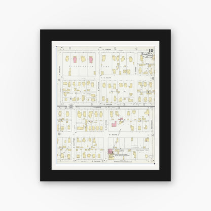 Old map wall art mockup — black gallery frame with white mat — Sanborn Fire Insurance Map from Bloomington, McLean County, Illinois (1896), Sheet #0019