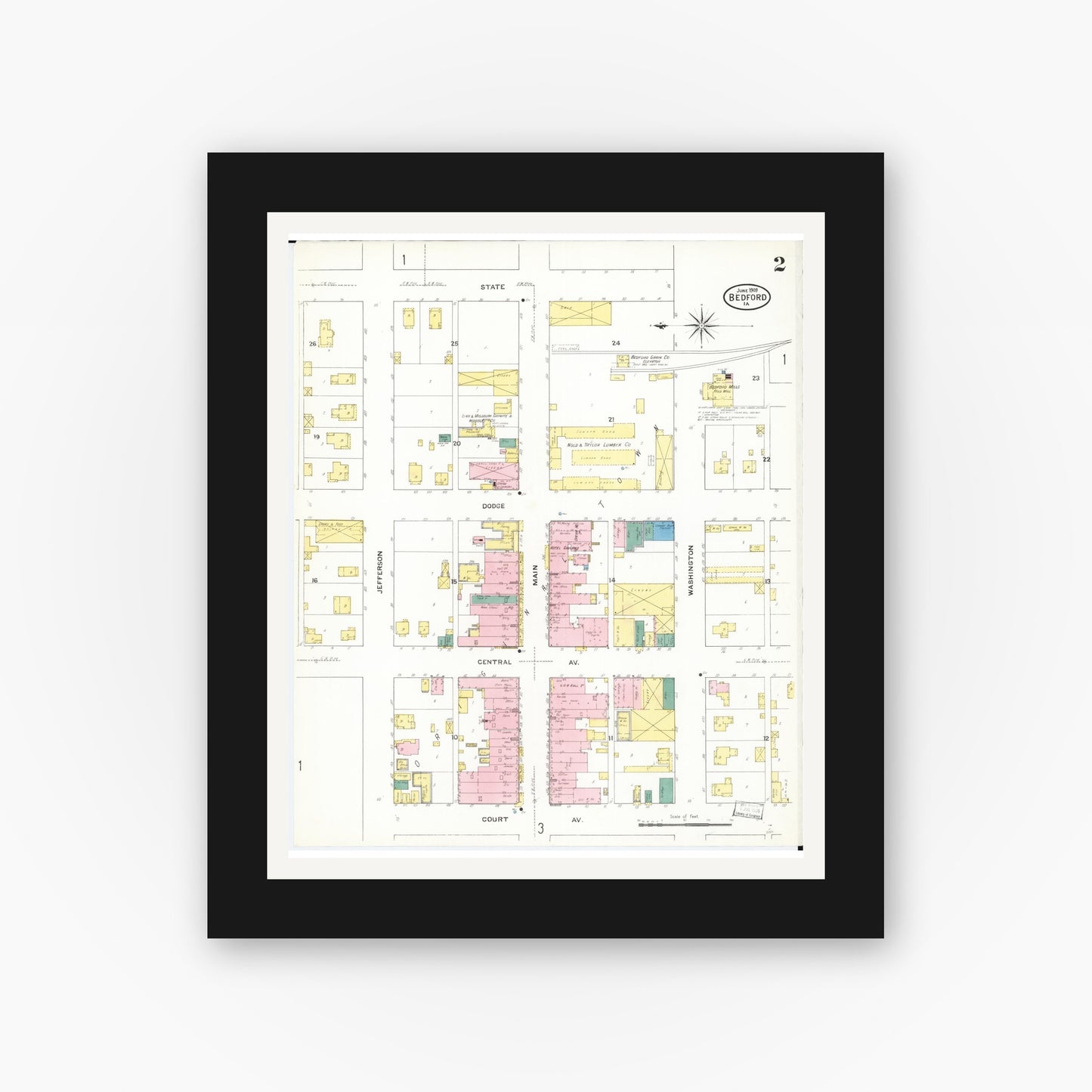 Old map wall art mockup — black gallery frame with white mat — Sanborn Fire Insurance Map from Bedford, Taylor County, Iowa (1909), Sheet #0002