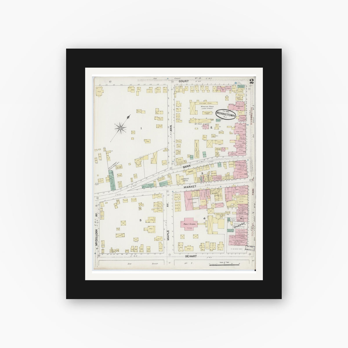 Old map wall art mockup — black gallery frame with white mat — Sanborn Fire Insurance Map from Morristown, Morris County, New Jersey (1890) - Complete Map Set