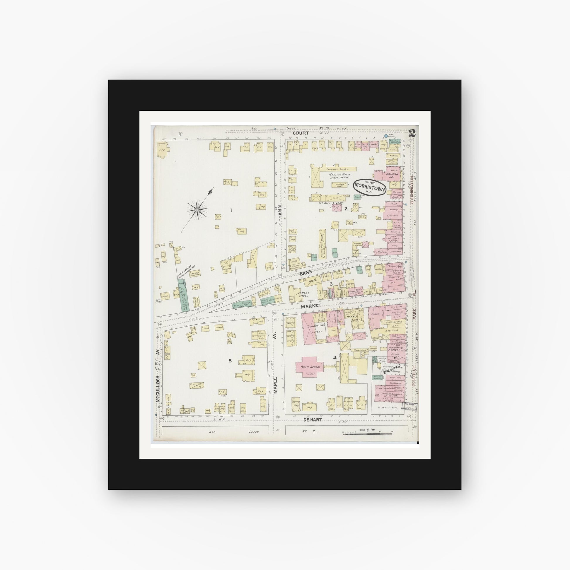 Old map wall art mockup — black gallery frame with white mat — Sanborn Fire Insurance Map from Morristown, Morris County, New Jersey (1890) - Complete Map Set