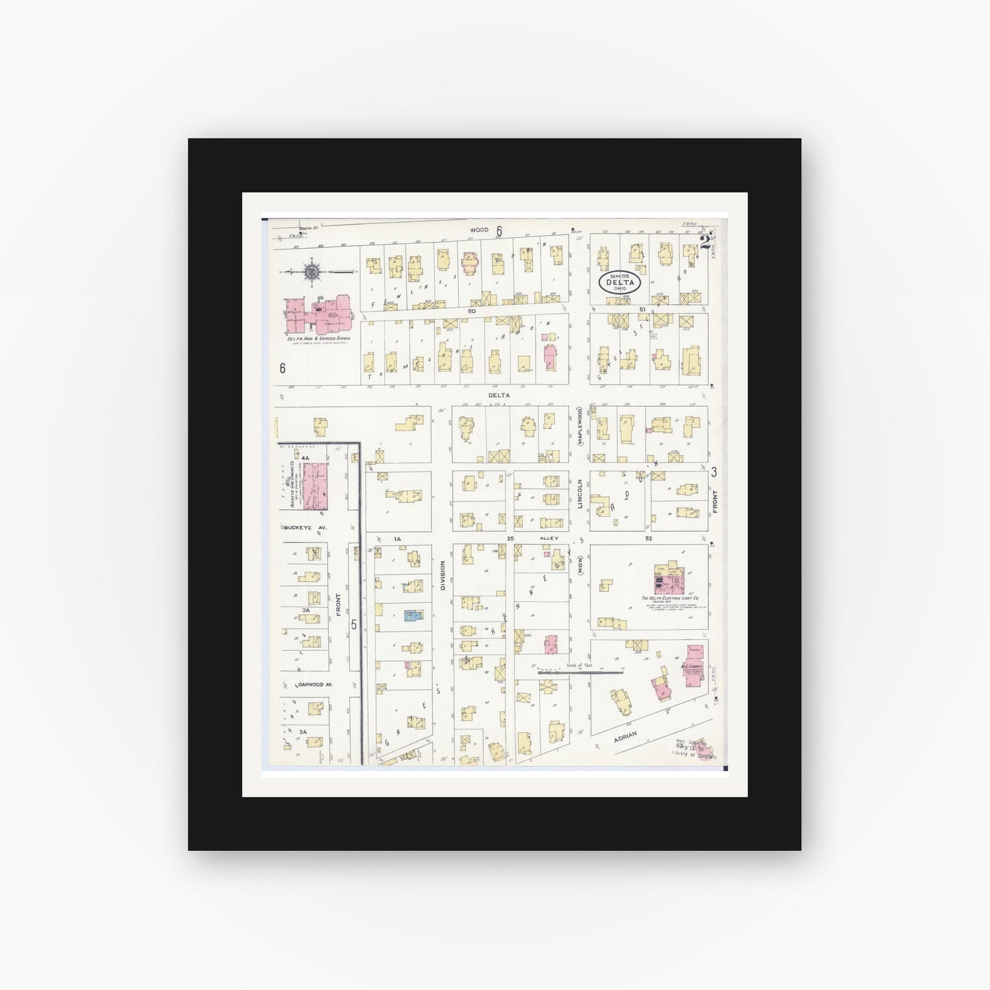 Old map wall art mockup — black gallery frame with white mat — Sanborn Fire Insurance Map from Delta, Fulton County, Ohio (1910), Sheet #0002