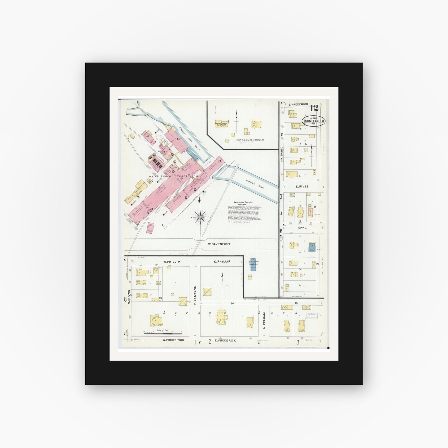 Old map wall art mockup — black gallery frame with white mat — Sanborn Fire Insurance Map from Rhinelander, Oneida County, Wisconsin (1908), Sheet #0012