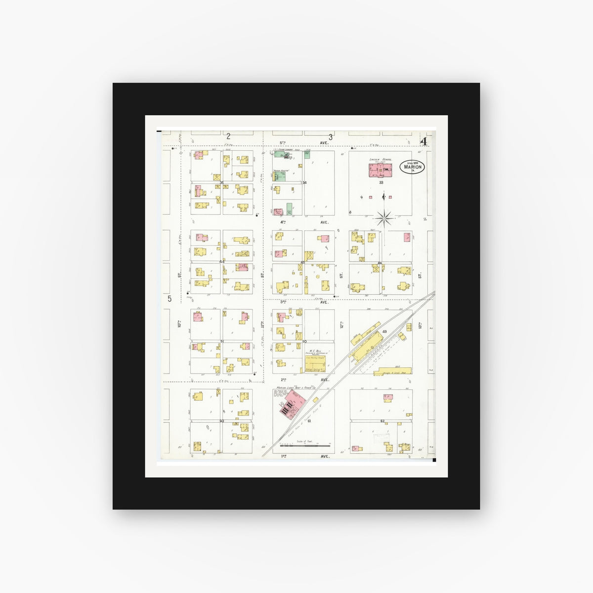 Old map wall art mockup — black gallery frame with white mat — Sanborn Fire Insurance Map from Marion, Linn County, Iowa (1899), Sheet #0004
