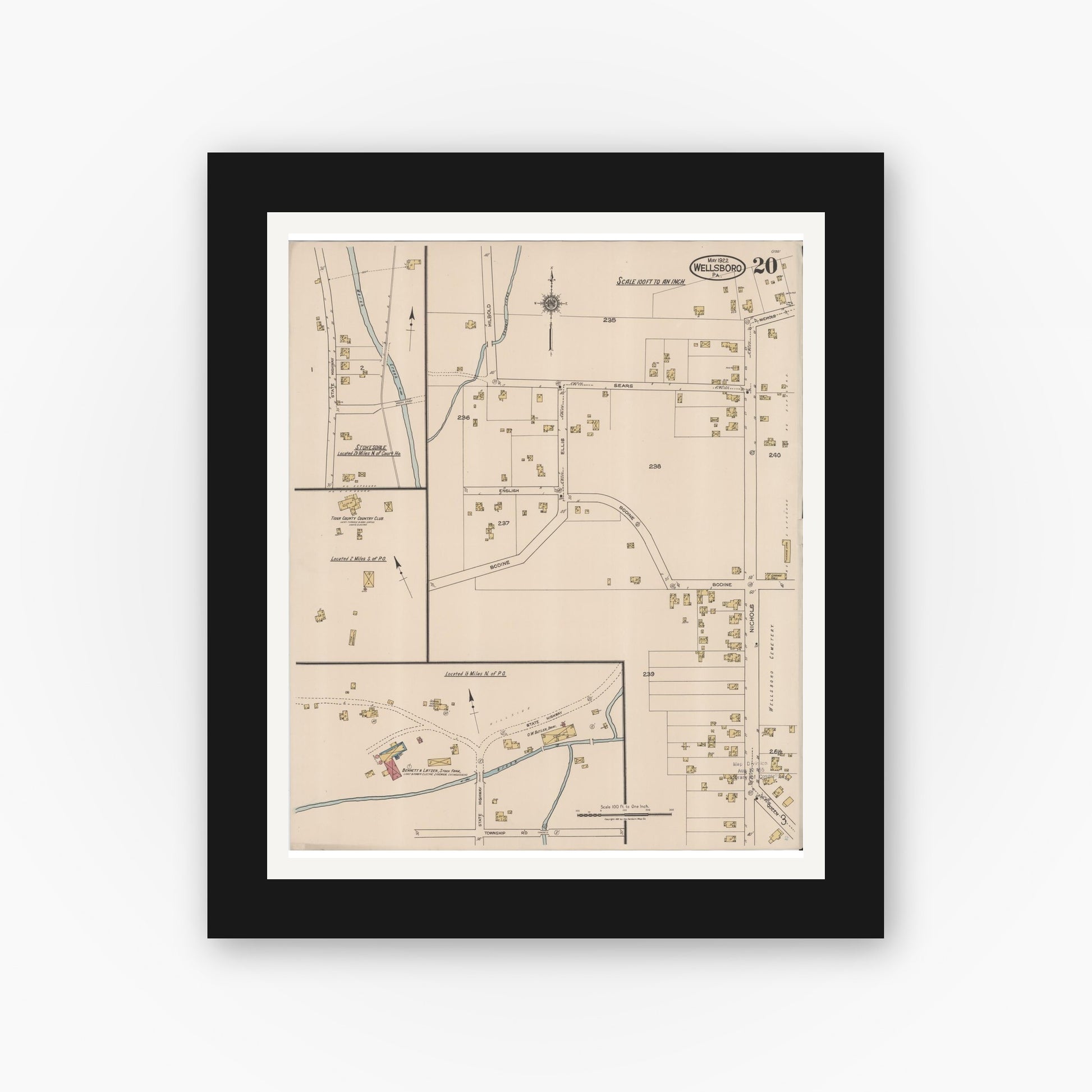 Old map wall art mockup — black gallery frame with white mat — Sanborn Fire Insurance Map from Wellsboro, Tioga County, Pennsylvania (1922), Sheet #0020