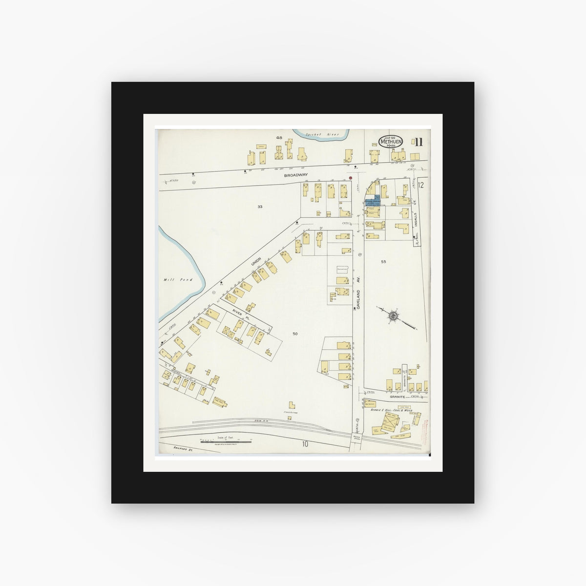Old map wall art mockup — black gallery frame with white mat — Sanborn Fire Insurance Map from Methuen, Essex County, Massachusetts (1919), Sheet #0011