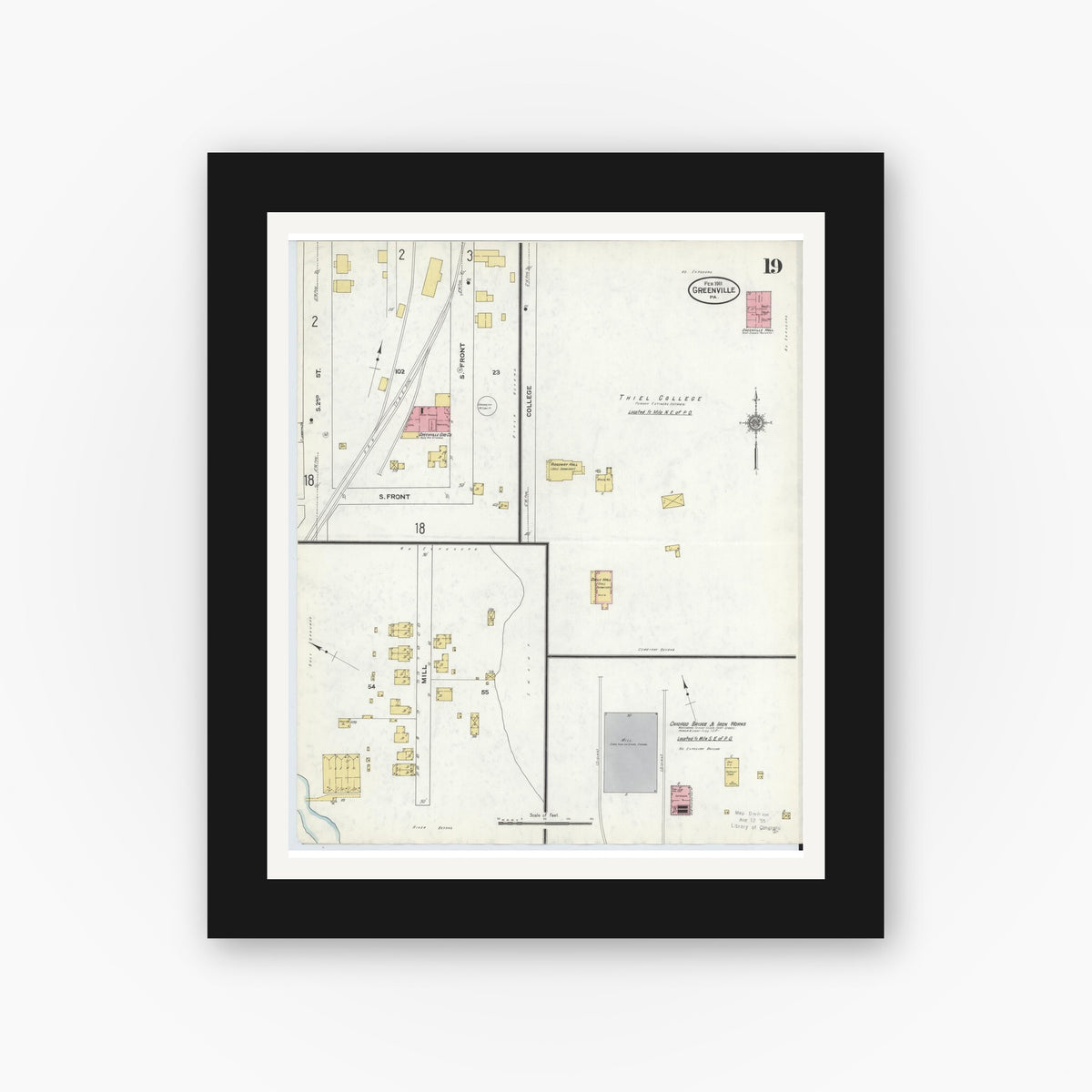 Old map wall art mockup — black gallery frame with white mat — Sanborn Fire Insurance Map from Greenville, Mercer County, Pennsylvania (1911), Sheet #0019